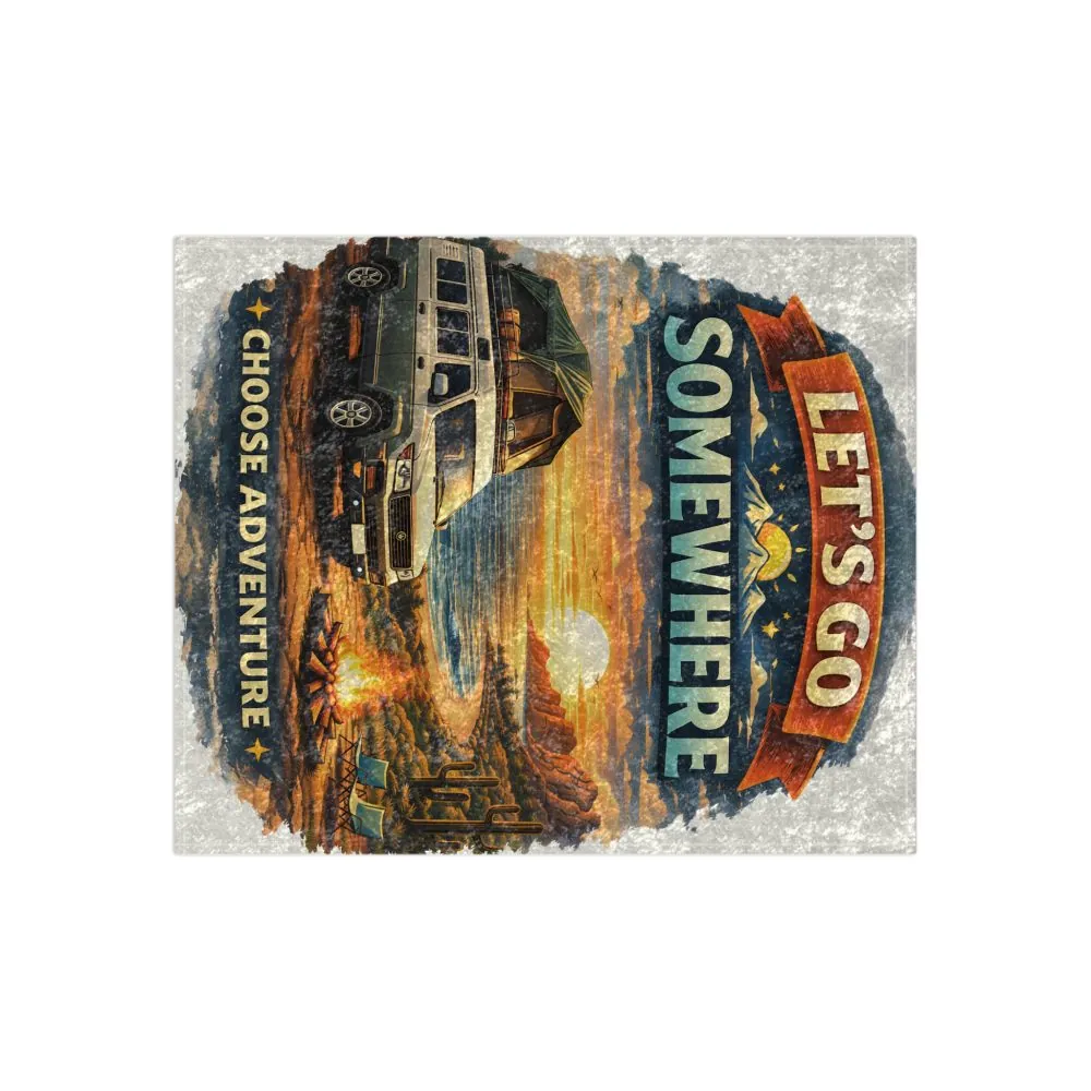 Crushed Velvet Blanket —"Lets Go Somewhere" Design Scenic-Line (Campervan)