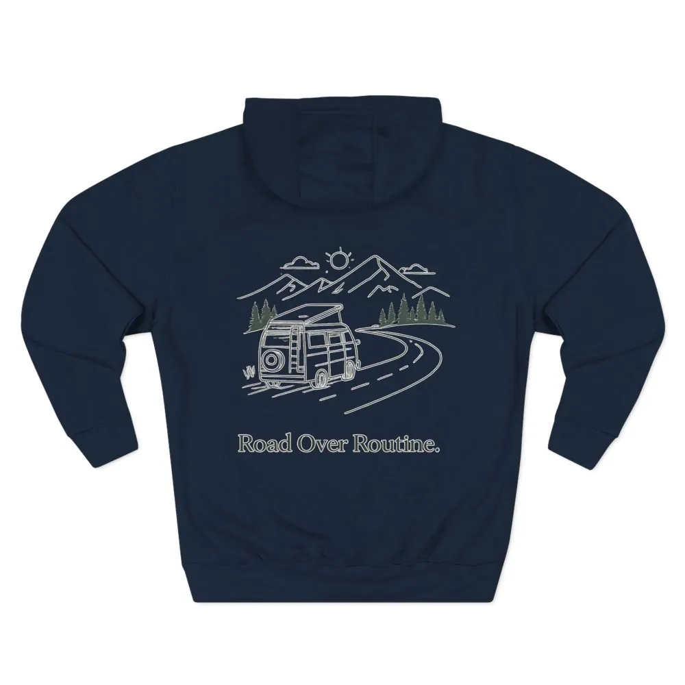 5402483359274809806_2048.jpeg Three-Panel Fleece Hoodie - "Road Over Routine" Design Minimal-Line