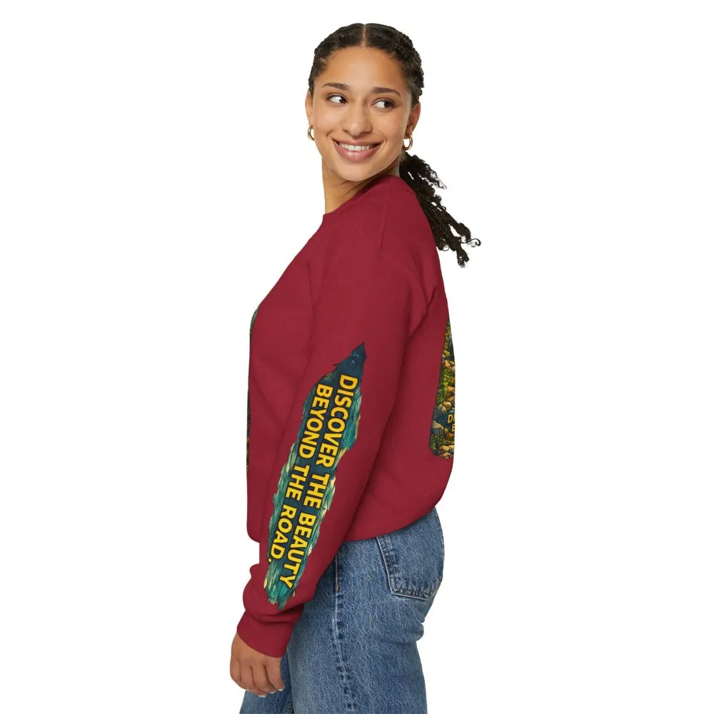 Unisex Heavy Blend™ Crewneck Sweatshirt — "Discover The Bieuty Beyond The Road" Design Cubic-Line
