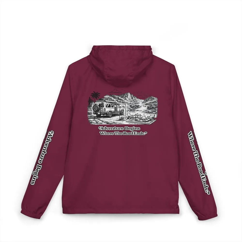 Unisex Full-Zip Windbreaker Jacket — "Adventure Begins Where Roads End" (Design "Minimal-Line")
