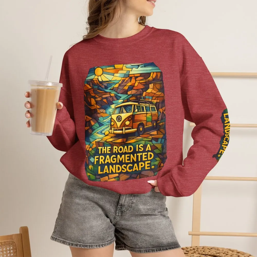 Unisex Heavy Blend™ Crewneck Sweatshirt — "The Road Is A Fragmented Landscape" Design Cubic-Line