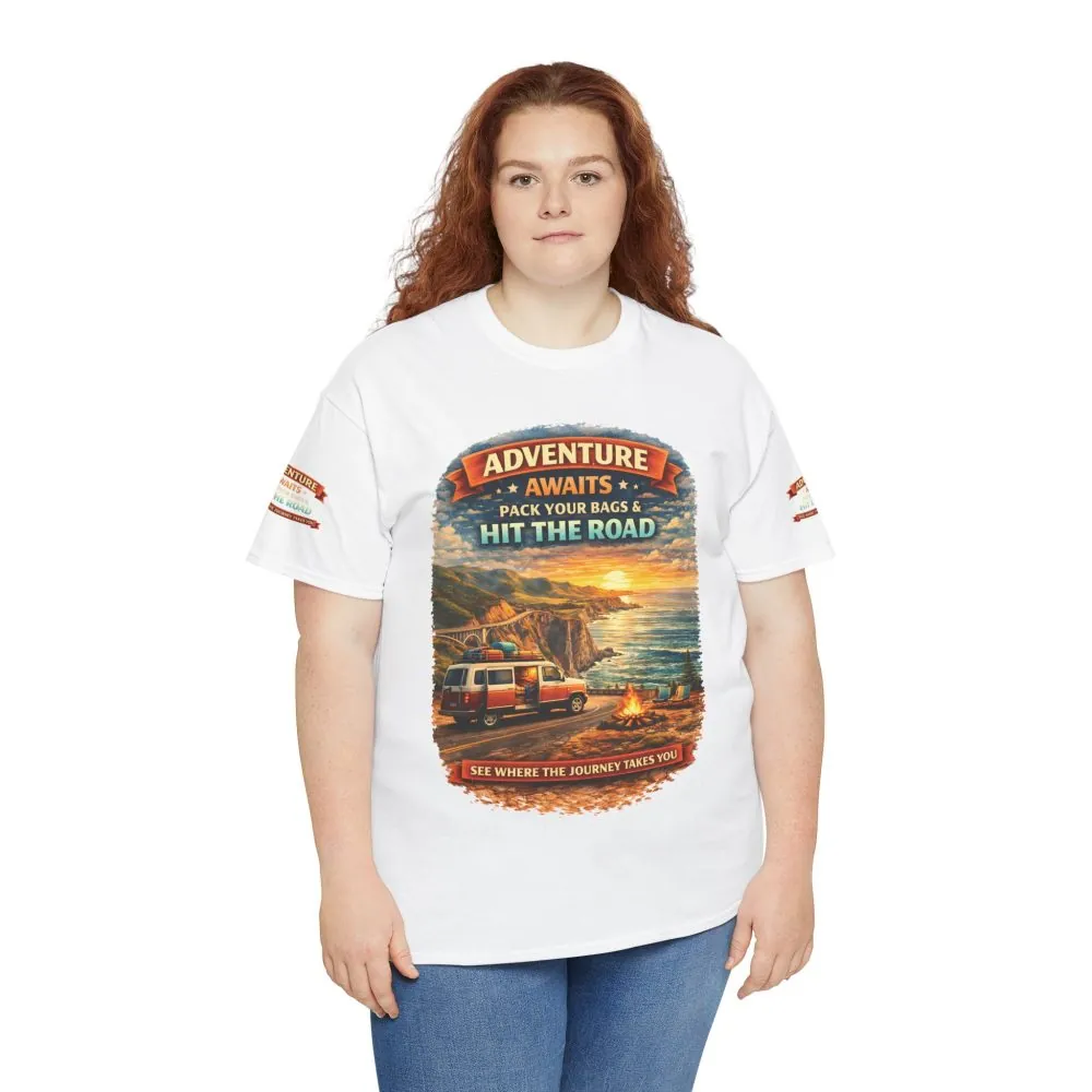 Unisex Heavy Cotton Tee — "Adventure Awaits-Pack Your Bags" Design Scenic-Line