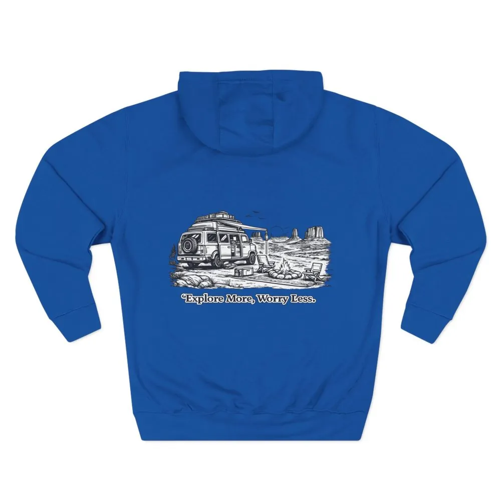 Three-Panel Fleece Hoodie - "Explore More Worry Less" Design Minimal-Line