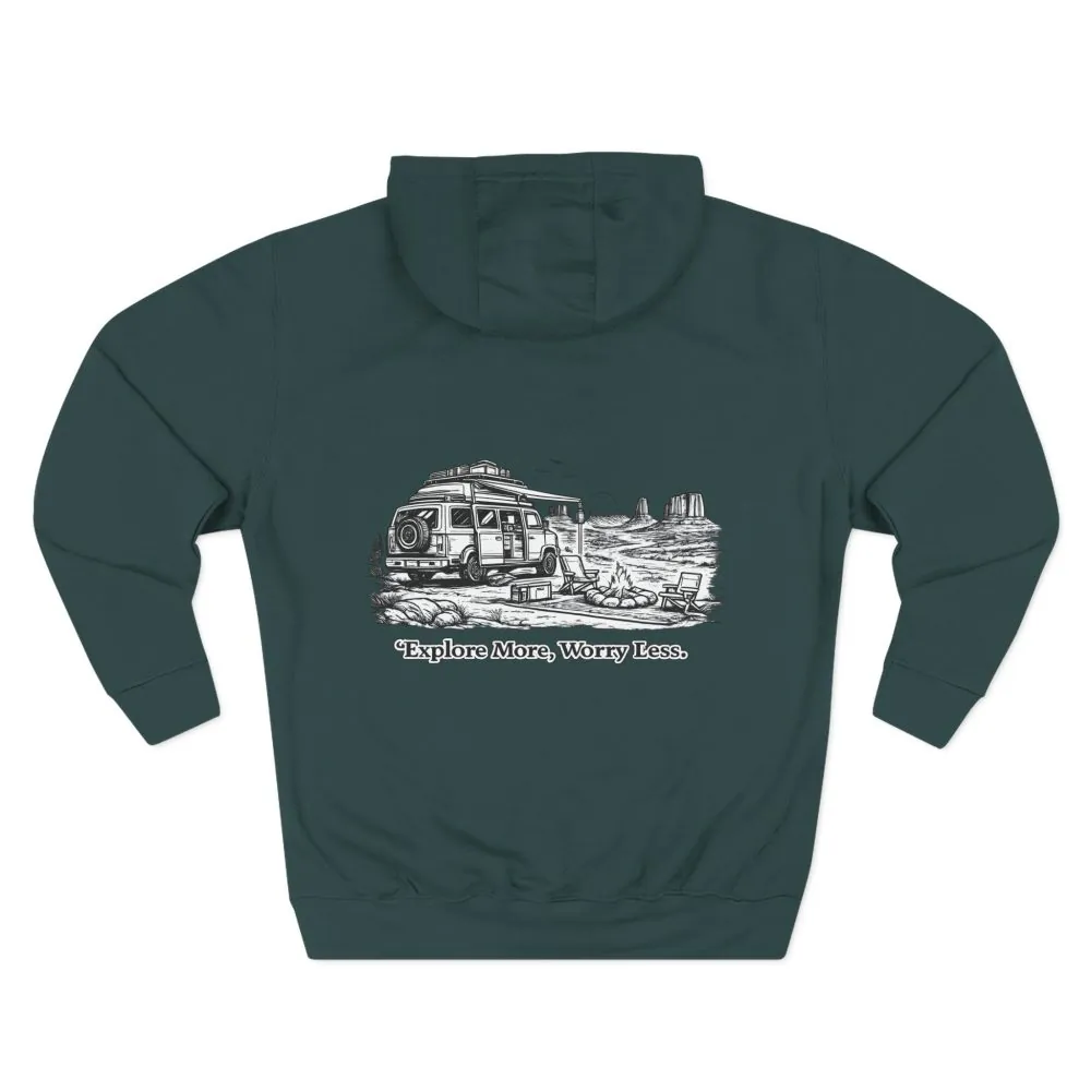 Three-Panel Fleece Hoodie - "Explore More Worry Less" Design Minimal-Line