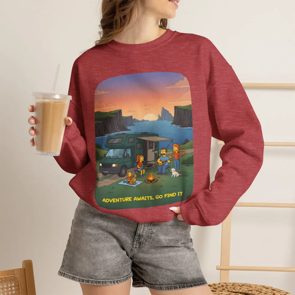 Unisex Heavy Blend™ Crewneck Sweatshirt — "Adventure Awaits-Go Find It"" Design Sitcom-Line