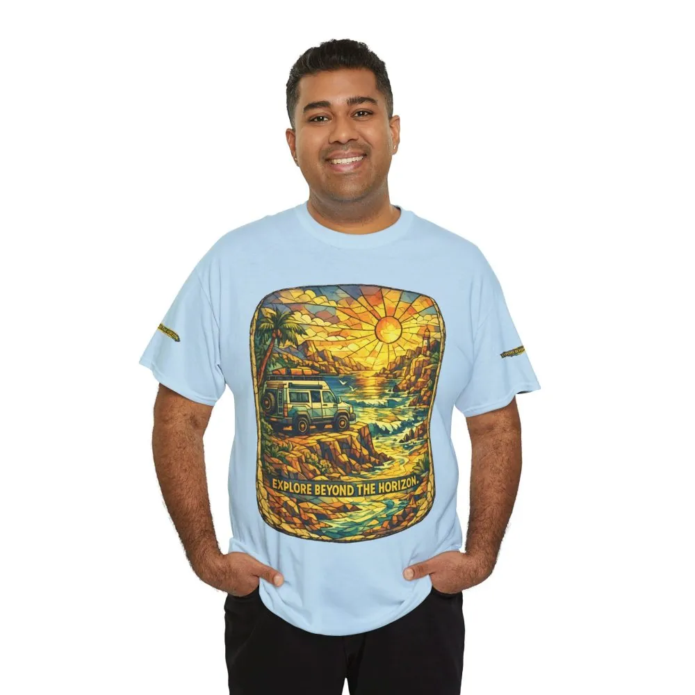 Unisex Heavy Cotton Tee — "Explore Beyond The Horizon" Design Cubic-Line
