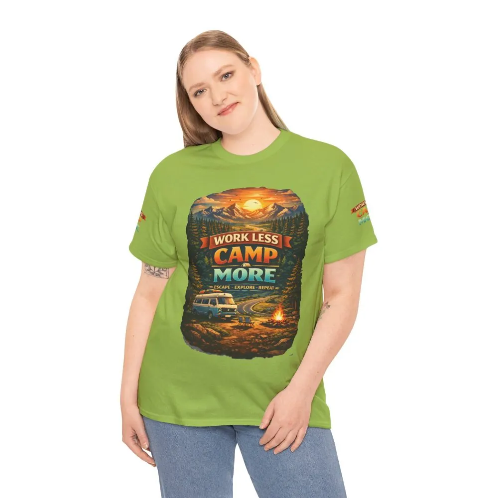 Unisex Heavy Cotton Tee — "Work Less Camp More" Design Scenic-Line