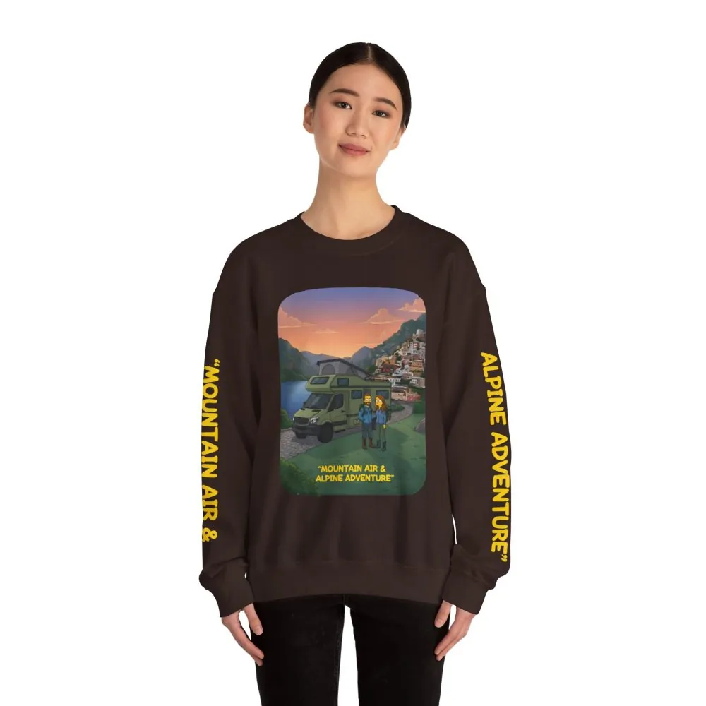 Unisex Heavy Blend™ Crewneck Sweatshirt — "Mountain Air And Alpine Adventure"" Design Sitcom-Line