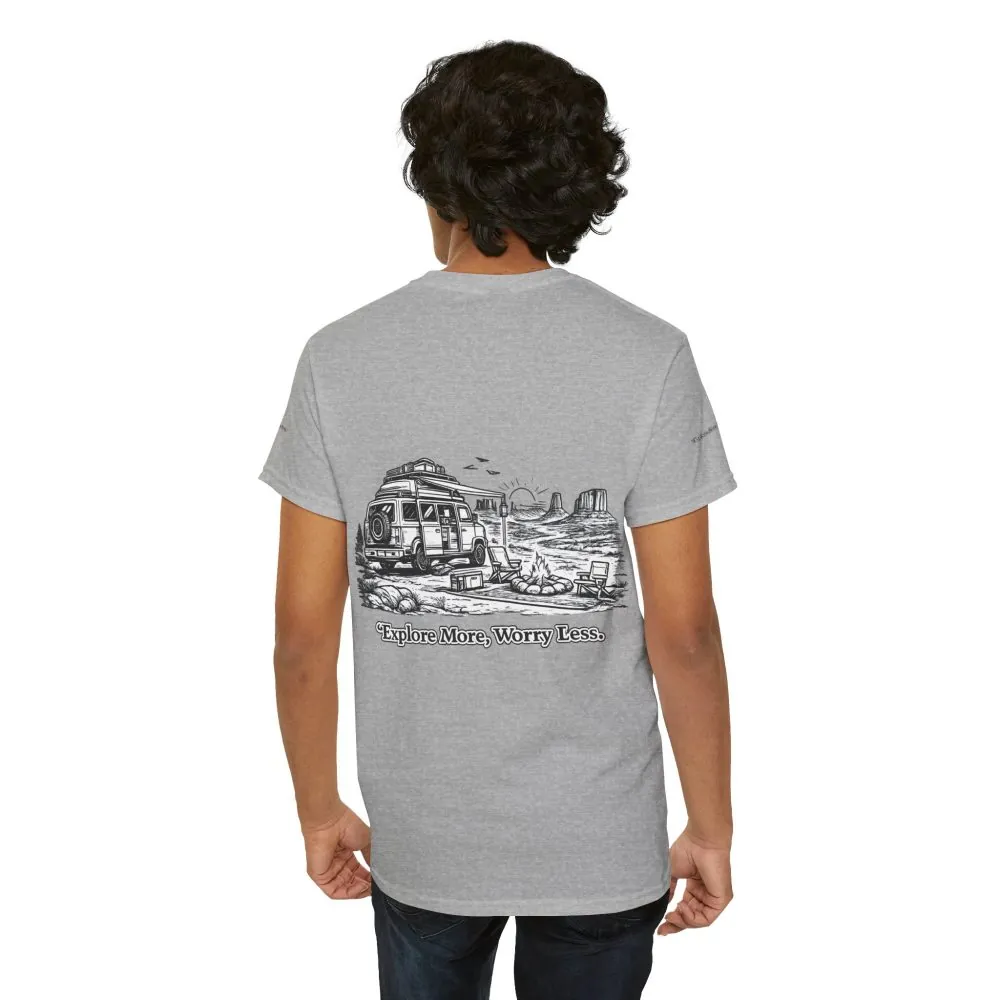 Unisex Heavy Cotton Tee — "Explore More Worry Less" Design Minimal-Line