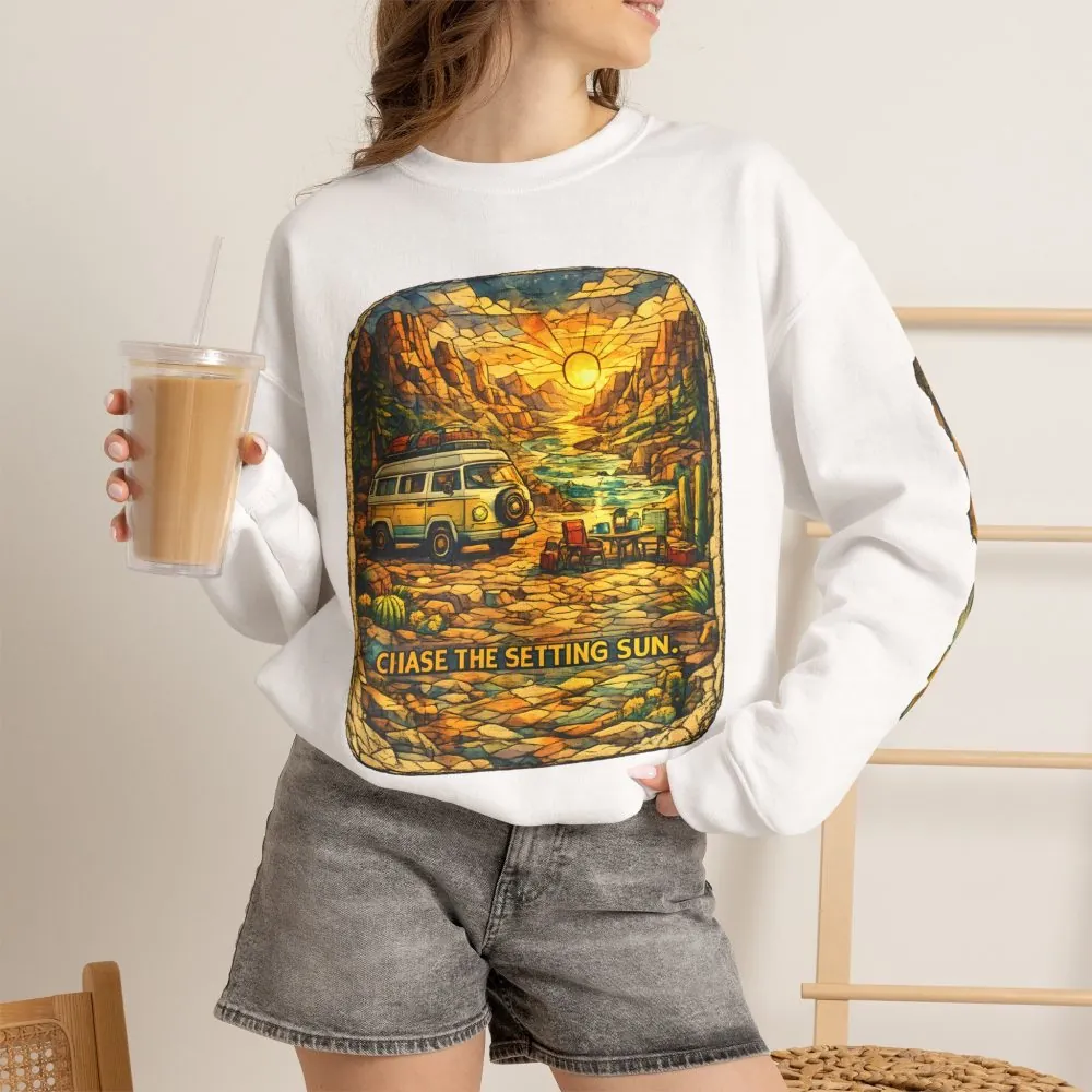 Unisex Heavy Blend™ Crewneck Sweatshirt — "Chase The Settings Sun" Design Cubic-Line