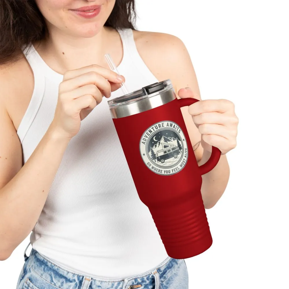 Insulated Travel Mug - "Adventure Awaits-Go Where You Feel Most Alive" (40oz) – Retro Camper Design, Keep Drinks Hot or Cold