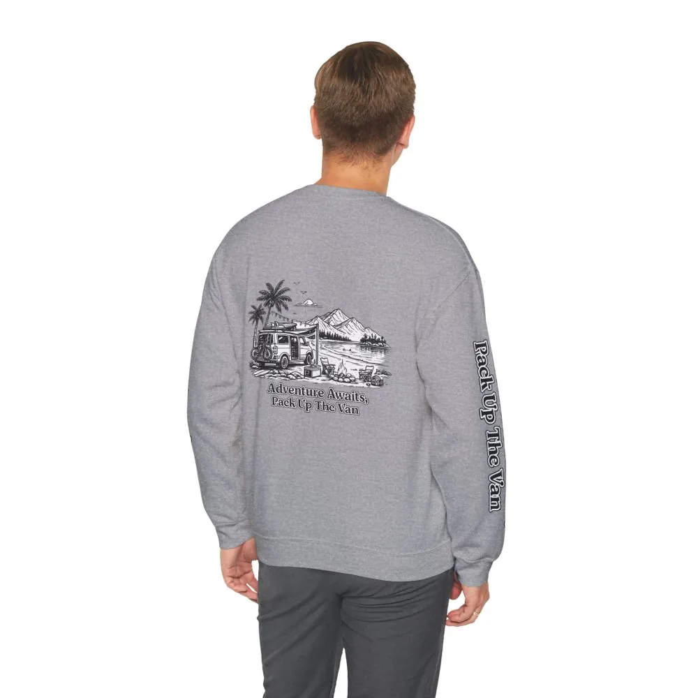 Unisex Heavy Blend™ Crewneck Sweatshirt — "Adventure Awaits,Pack Up The Van" Design Minimal-Line