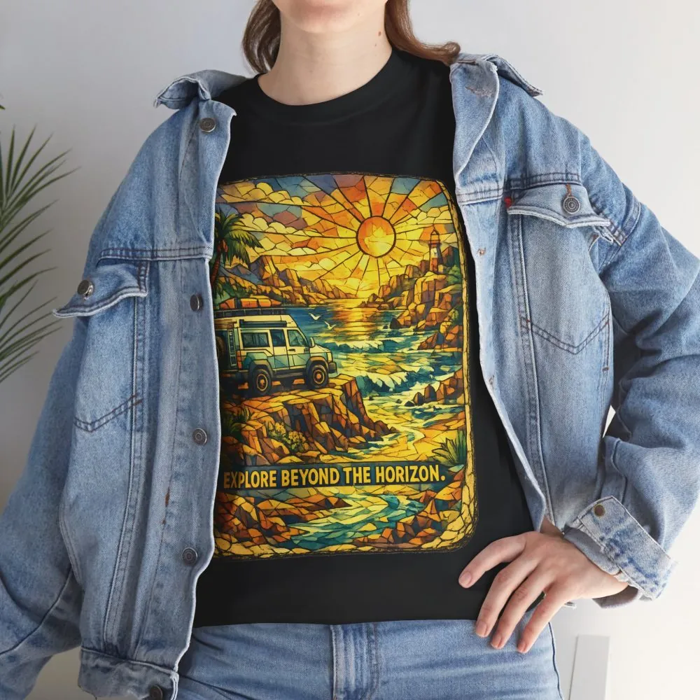 Unisex Heavy Cotton Tee — "Explore Beyond The Horizon" Design Cubic-Line