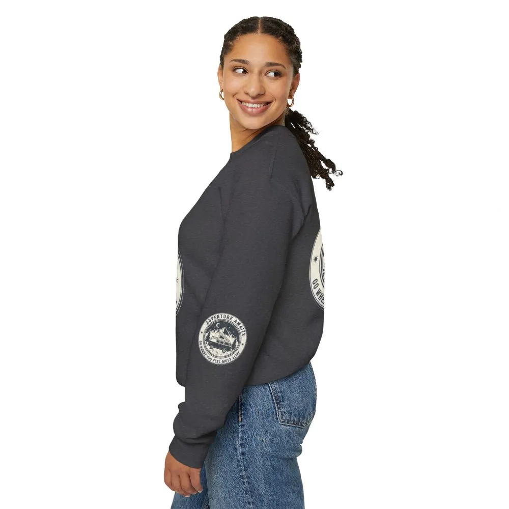 Crewneck Sweatshirt — "Adventure Awaits-Go Where You Feel Most Alive" (Font + Back + Sleaves printed) Vintage Camper Van Outdoor Graphic