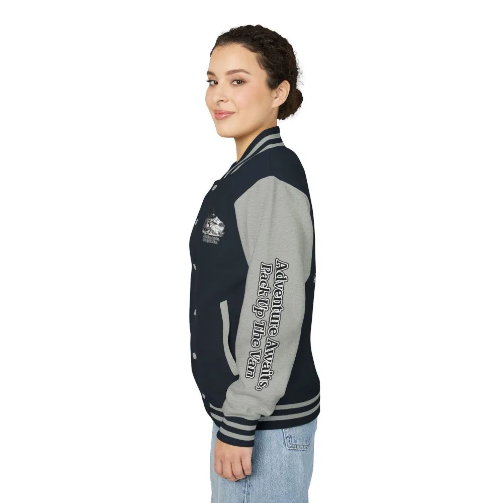Unisex Heavyweight Letterman Jacket — "Adventure Awaits,Pack Up The Van" Travel Varsity Coat