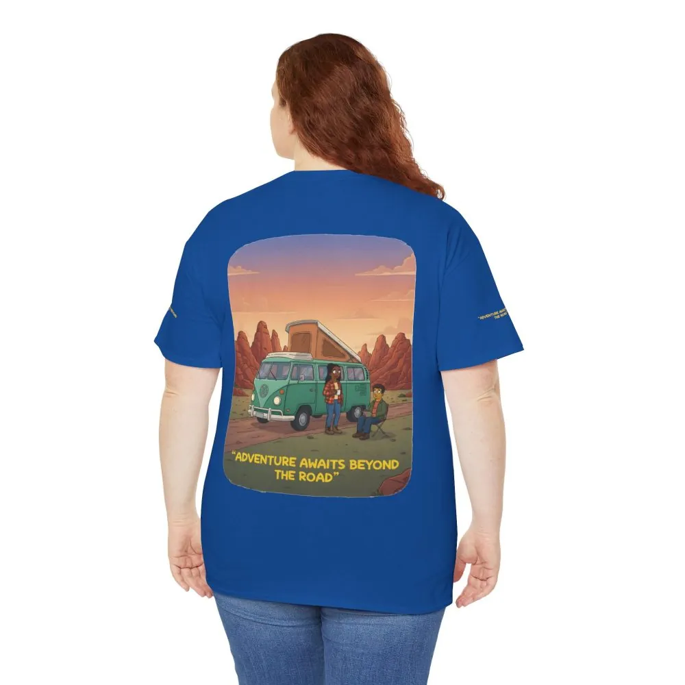 Unisex Heavy Cotton Tee — "Adventure Awaits Beyond The Road" Design Sitcom-Line