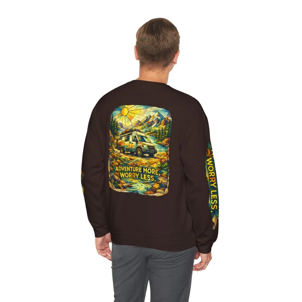 Unisex Heavy Blend™ Crewneck Sweatshirt — "Adventure More Worry Less" Design Cubic-Line
