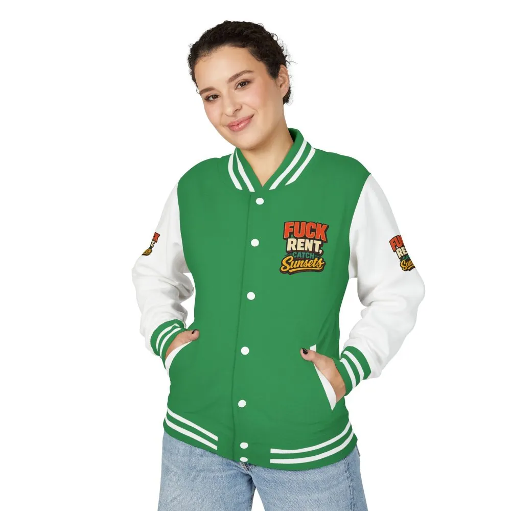 Unisex Heavyweight Letterman Jacket — "Fuck Rent Catch Sunsets" Design F**K-Line