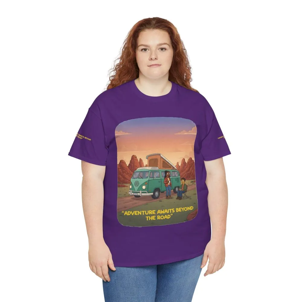 Unisex Heavy Cotton Tee — "Adventure Awaits Beyond The Road" Design Sitcom-Line
