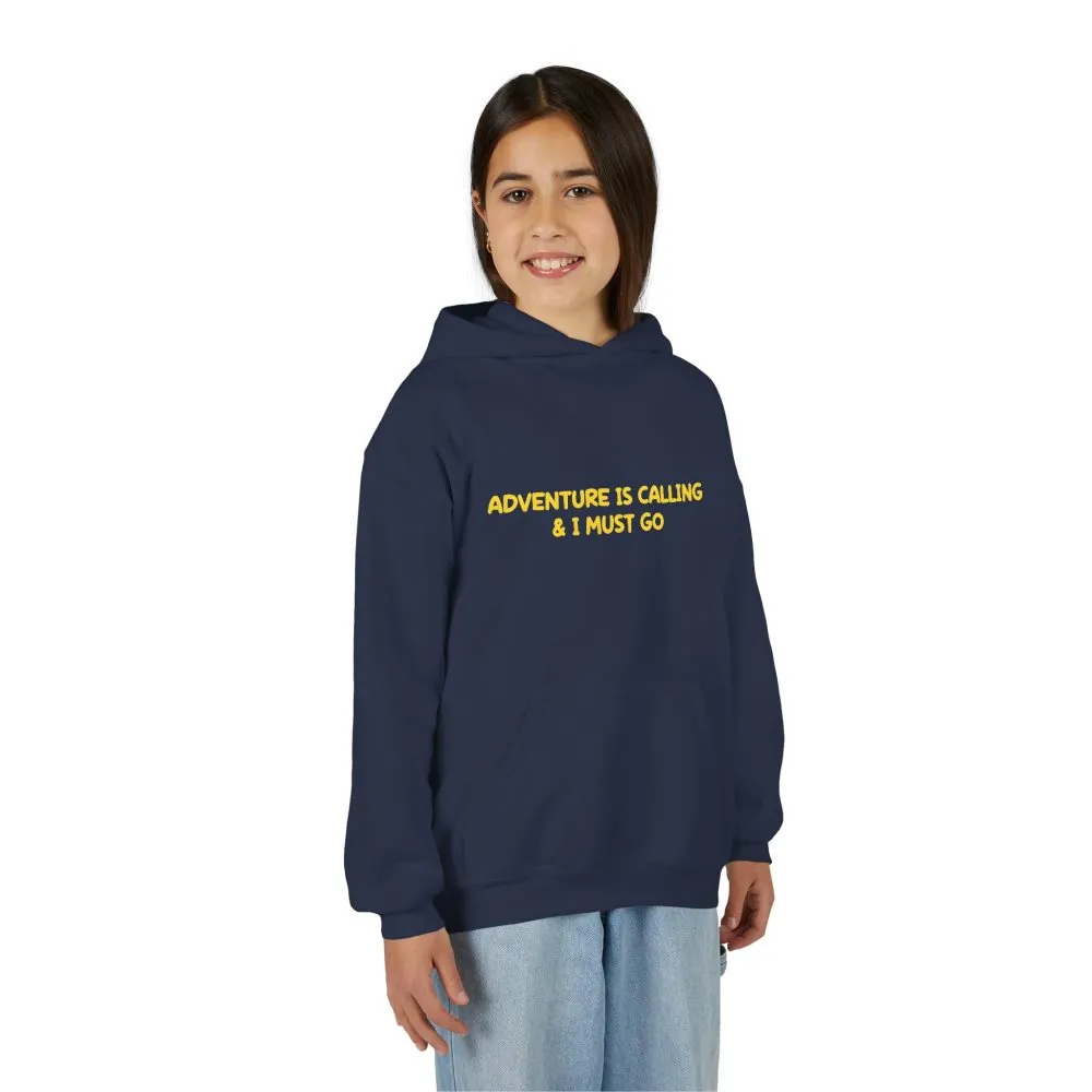 Youth Hoodie(Gildan) – "Adventure Is Calling-I Must Go" (Design Sitcom-Line)