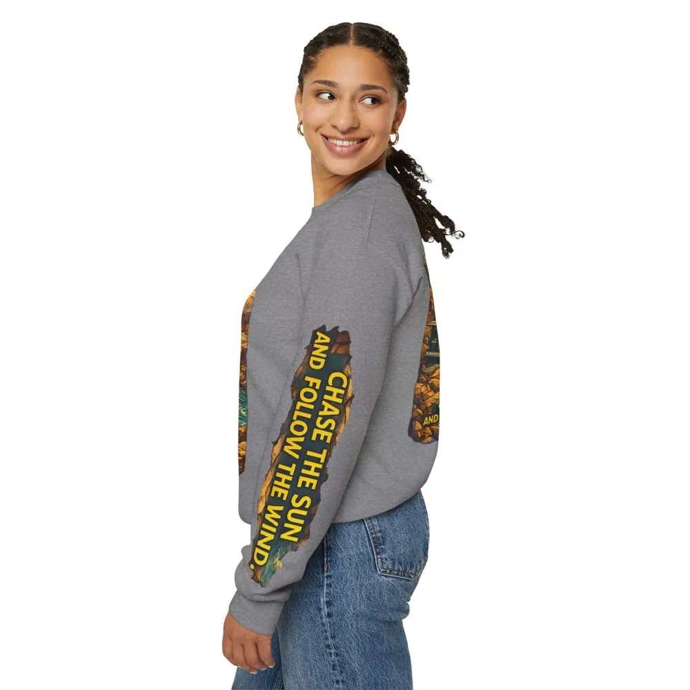 Unisex Heavy Blend™ Crewneck Sweatshirt — "Chase The Sun And Follow The Wind" Design Cubic-Line