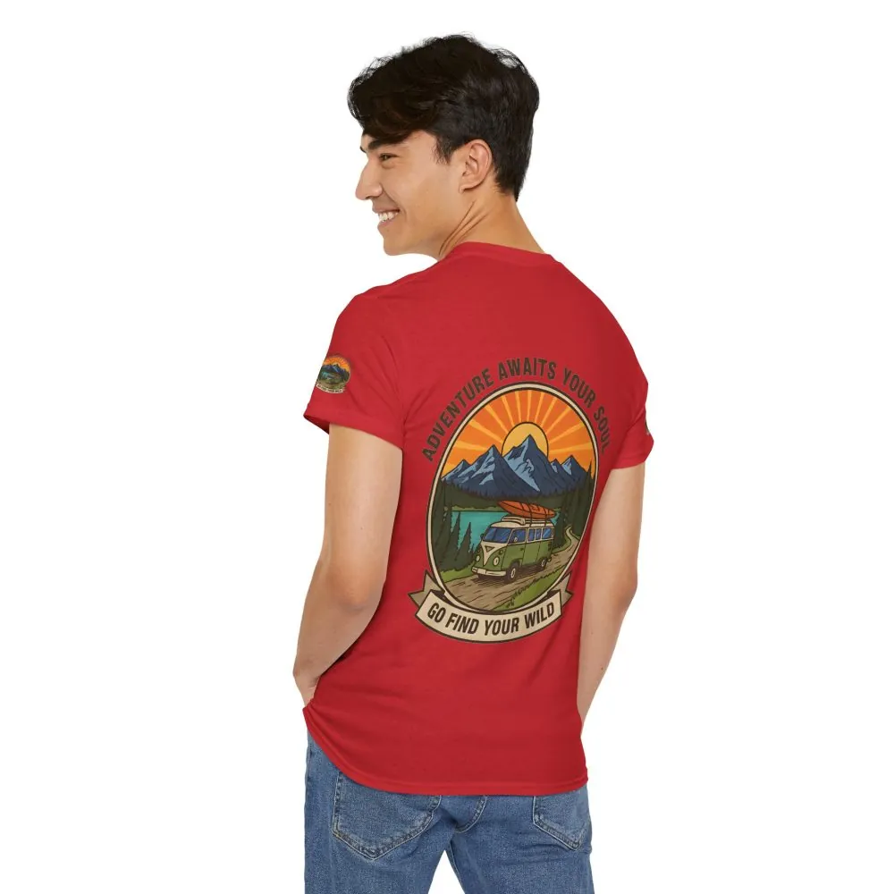 Unisex Heavy Cotton Tee — “Adventure Awaits Your Soul: Go Find Your Wild” Van & Mountain Graphic
