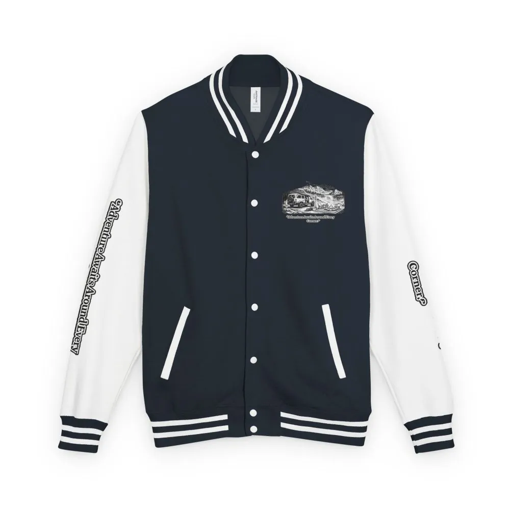 Unisex Heavyweight Letterman Jacket — "Adventure Awaits Around Every Corner" Travel Varsity Coat