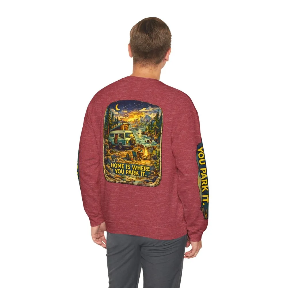 Unisex Heavy Blend™ Crewneck Sweatshirt — "Home Is Where You Park It" Design Cubic-Line
