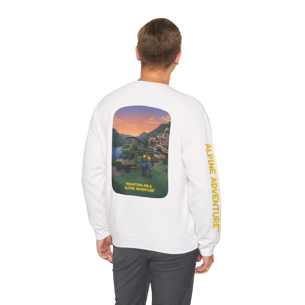 Unisex Heavy Blend™ Crewneck Sweatshirt — "Mountain Air And Alpine Adventure"" Design Sitcom-Line
