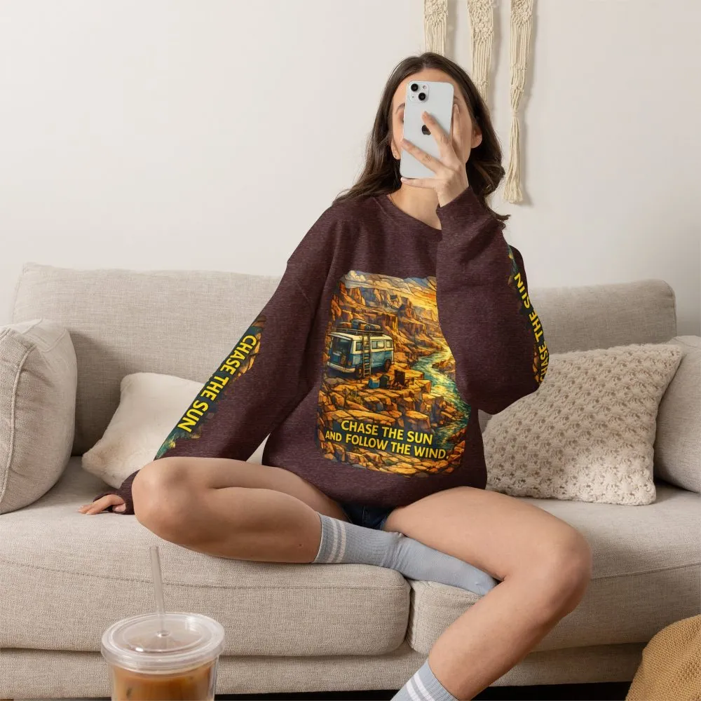 Unisex Heavy Blend™ Crewneck Sweatshirt — "Chase The Sun And Follow The Wind" Design Cubic-Line