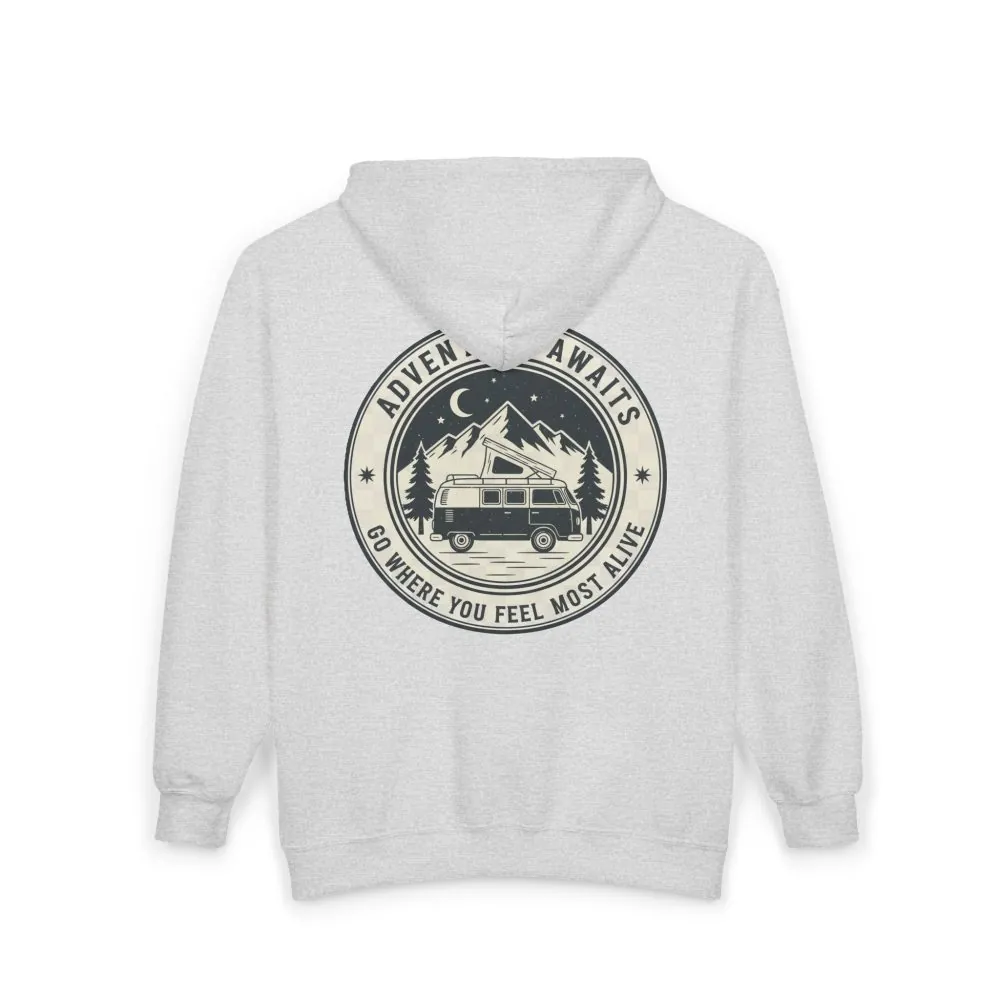 5649550675513335243_2048.jpeg Zip Hoodie — "Adventure Awaits-Go Where You Feel Most Alive" (Only Back Printed) Camper Van Adventure Zip-Up