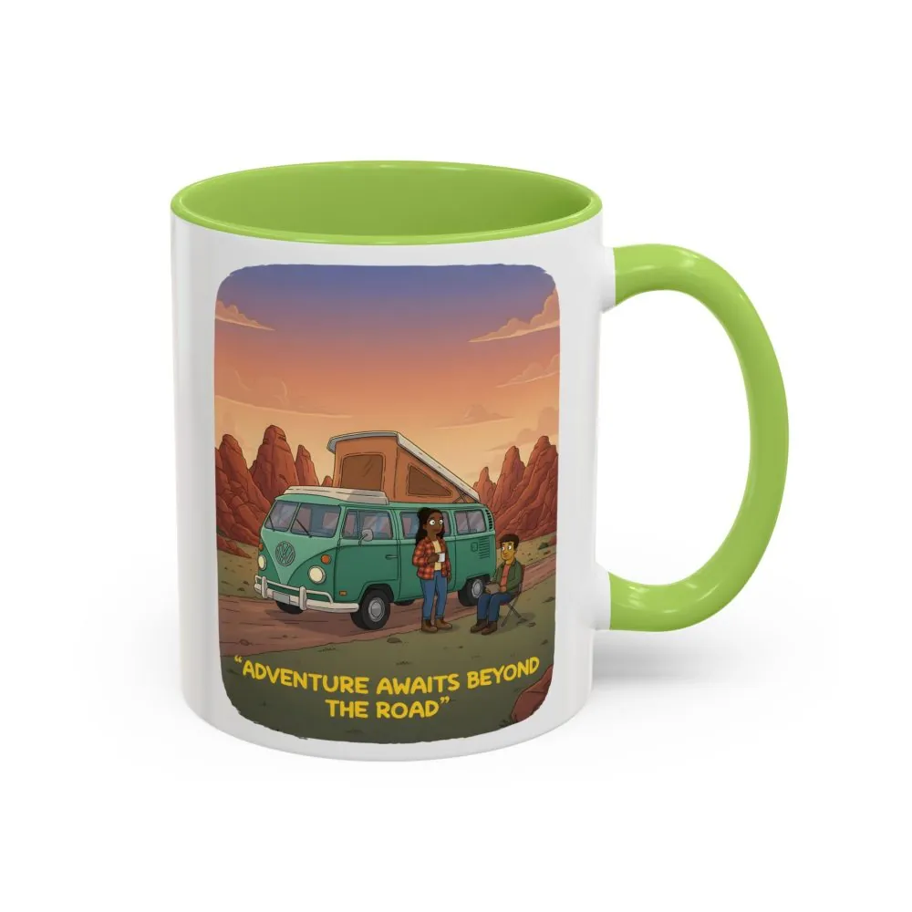 Accent Coffee Mug (11, 15oz) — "Adventure Awaits Beyond The Road" Design Sitcom-Line