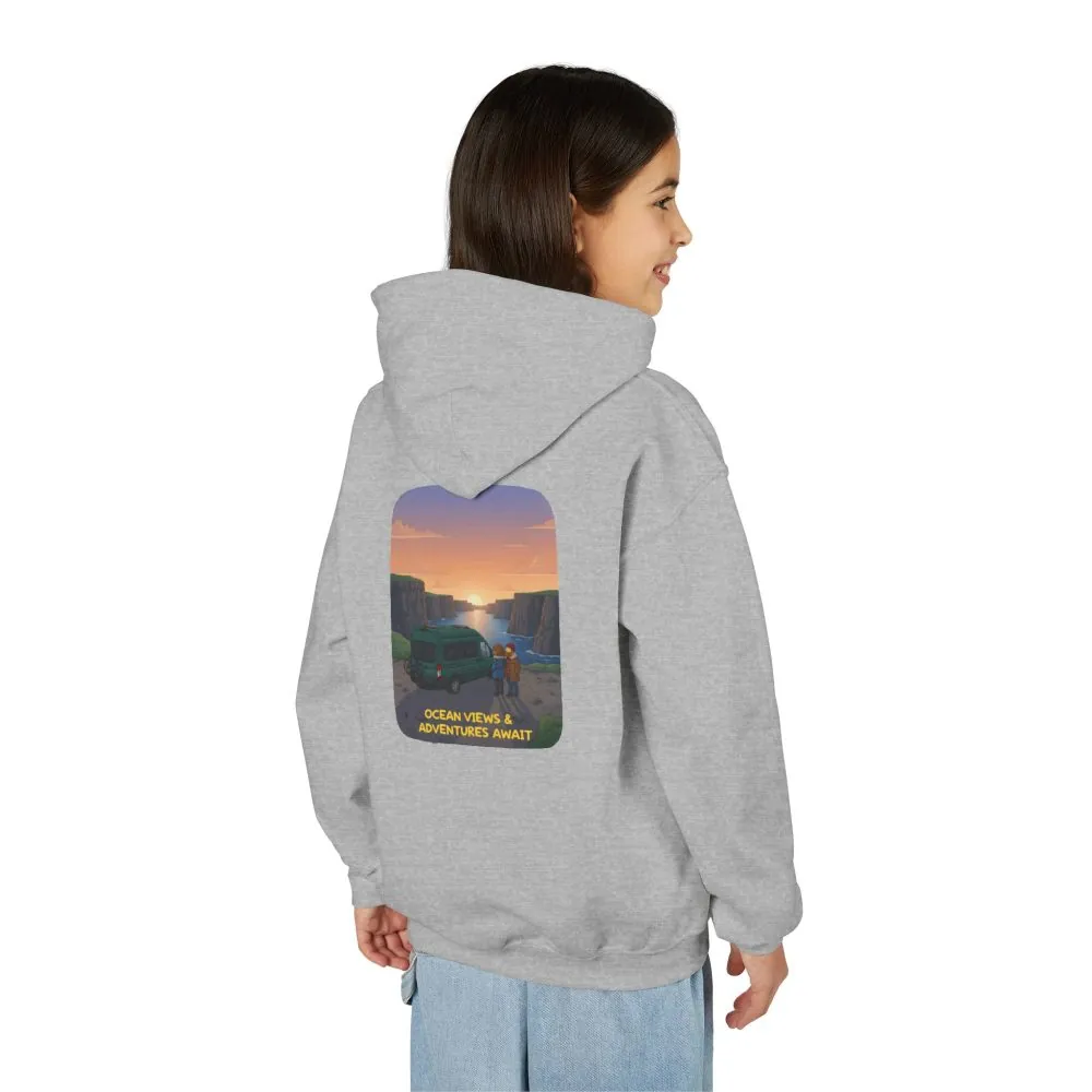 Youth Hoodie(Gildan) – "Ocean Views-Adventures Awaits" (Design Sitcom-Line)
