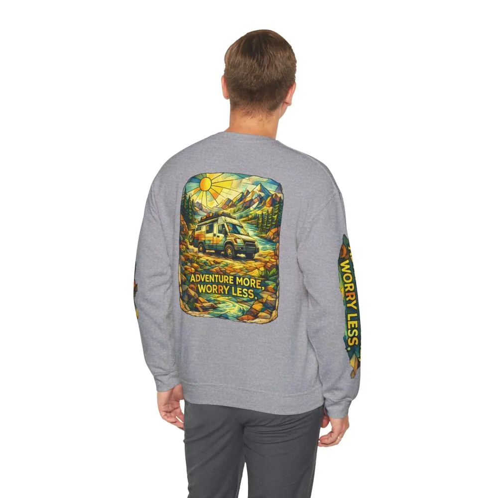 Unisex Heavy Blend™ Crewneck Sweatshirt — "Adventure More Worry Less" Design Cubic-Line