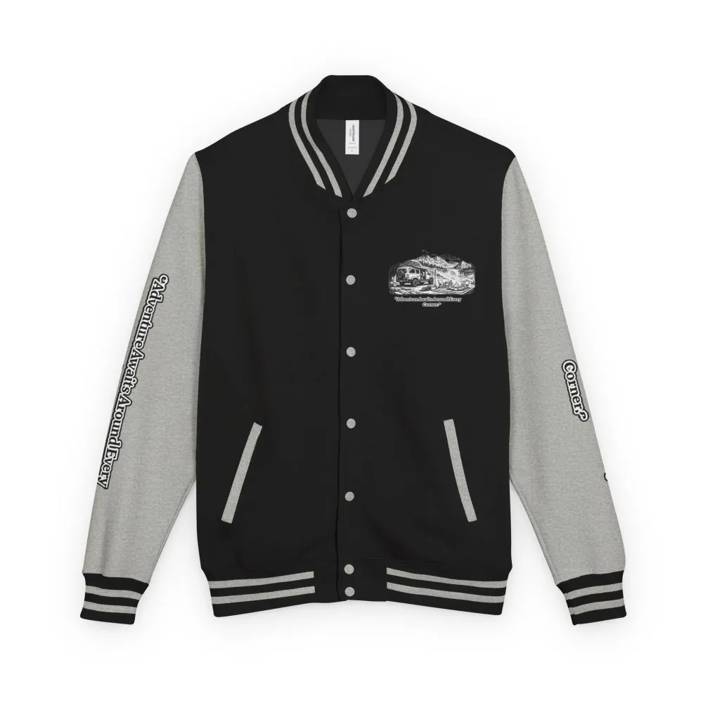 Unisex Heavyweight Letterman Jacket — "Adventure Awaits Around Every Corner" Travel Varsity Coat