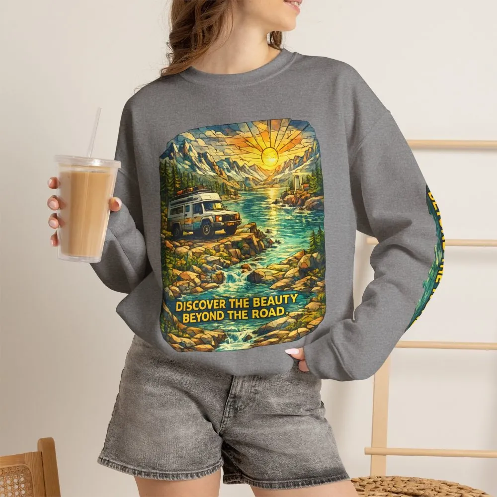 Unisex Heavy Blend™ Crewneck Sweatshirt — "Discover The Bieuty Beyond The Road" Design Cubic-Line