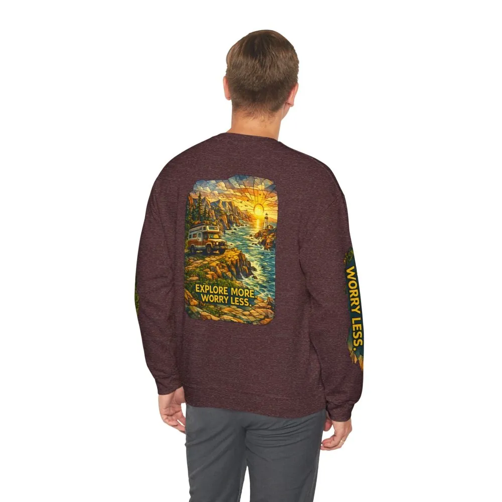 Unisex Heavy Blend™ Crewneck Sweatshirt — "Explore More Worry Less" Design Cubic-Line