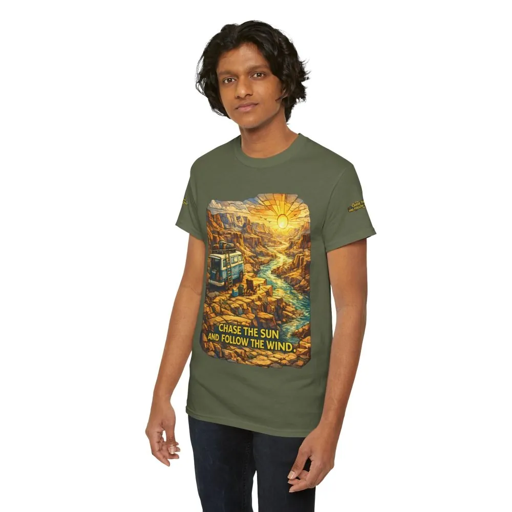 Unisex Heavy Cotton Tee — "Chase The Sun And Follow The Wind" Design Cubic-Line