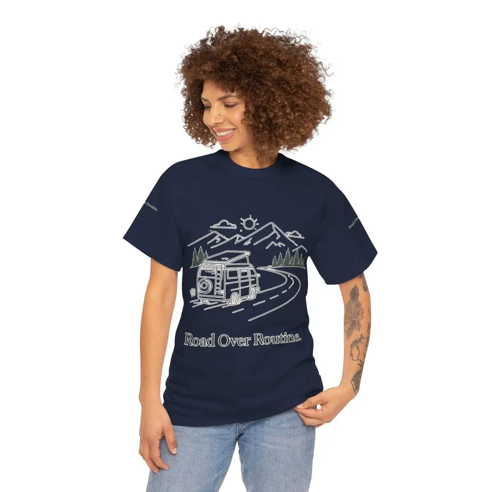 569343890632108809_2048.jpeg Unisex Heavy Cotton Tee — "Road Over Routine" Design Minimal-Line