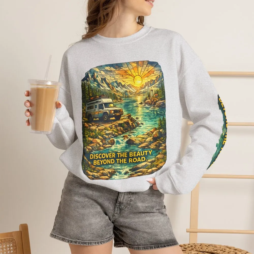 Unisex Heavy Blend™ Crewneck Sweatshirt — "Discover The Bieuty Beyond The Road" Design Cubic-Line