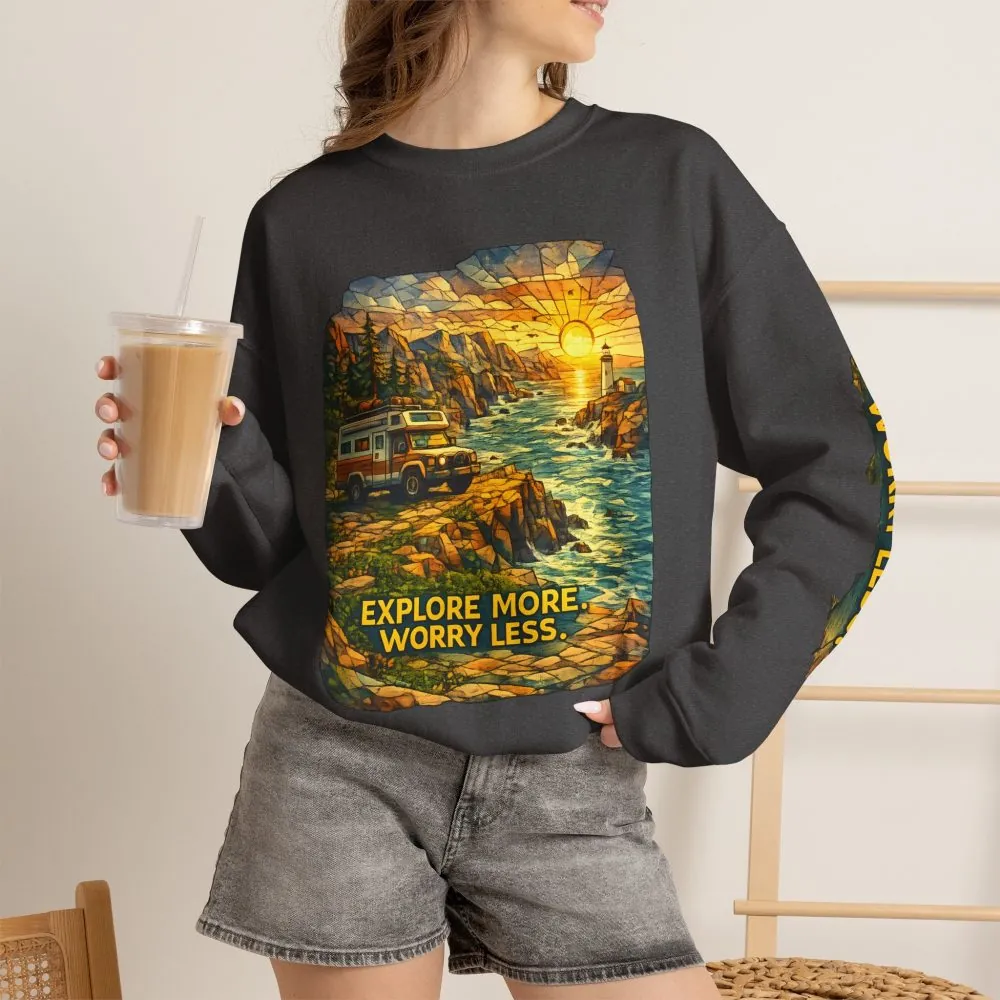 Unisex Heavy Blend™ Crewneck Sweatshirt — "Explore More Worry Less" Design Cubic-Line