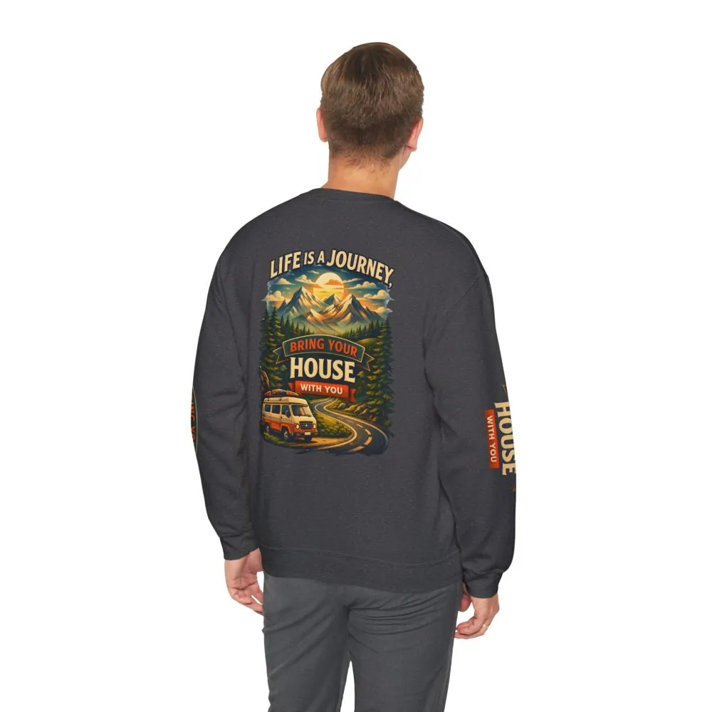 Unisex Heavy Blend™ Crewneck Sweatshirt — "Live Is A Journey-Bring Your House With You" Design Scenic-Line
