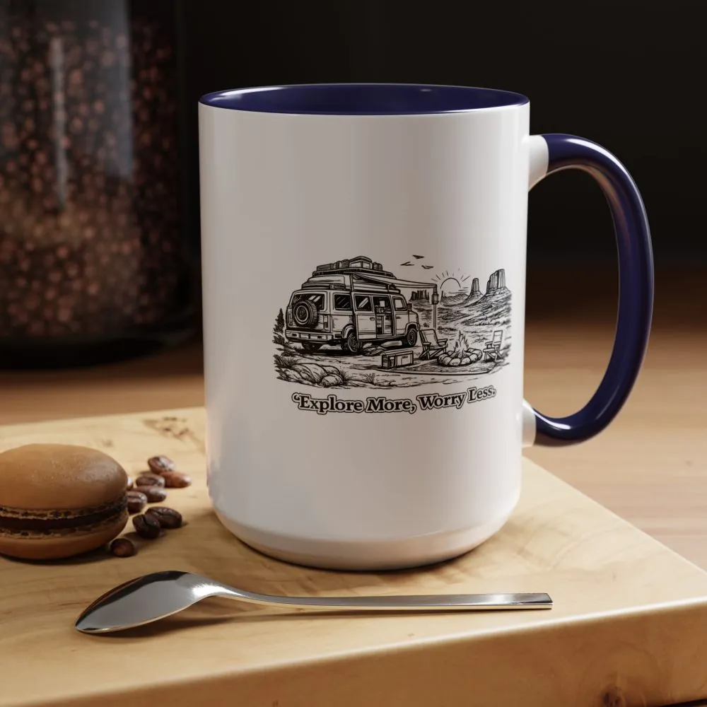 Accent Coffee Mug (11, 15oz) — "Explore More Worry Less" Design Minimal-Line