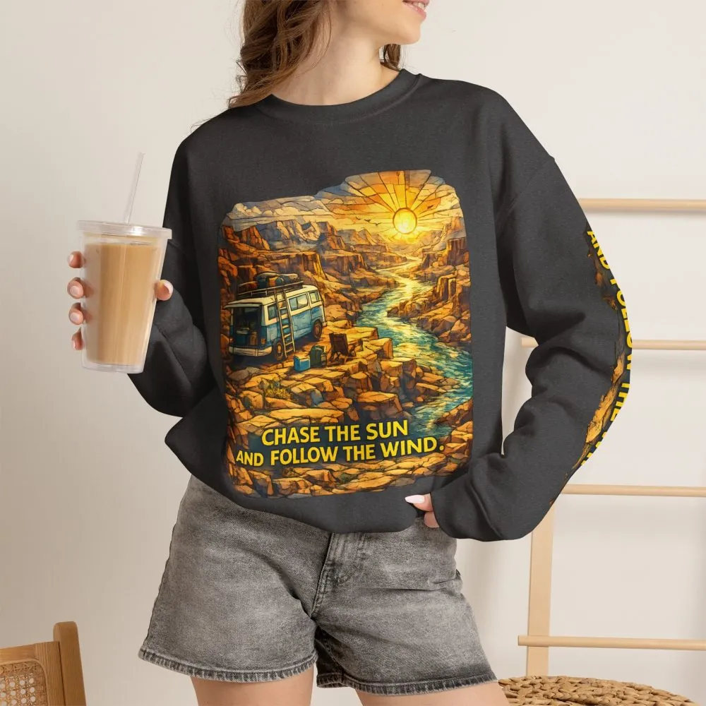 Unisex Heavy Blend™ Crewneck Sweatshirt — "Chase The Sun And Follow The Wind" Design Cubic-Line