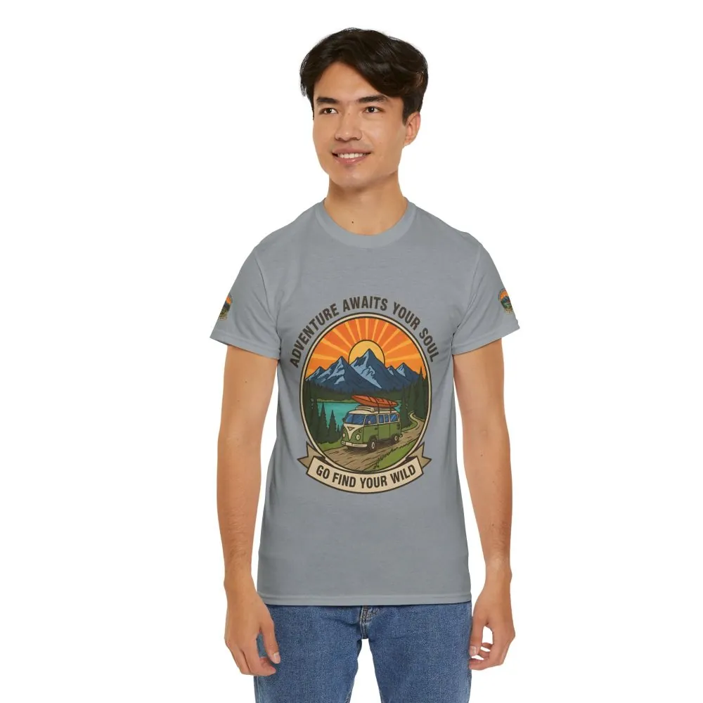 Unisex Heavy Cotton Tee — “Adventure Awaits Your Soul: Go Find Your Wild” Van & Mountain Graphic