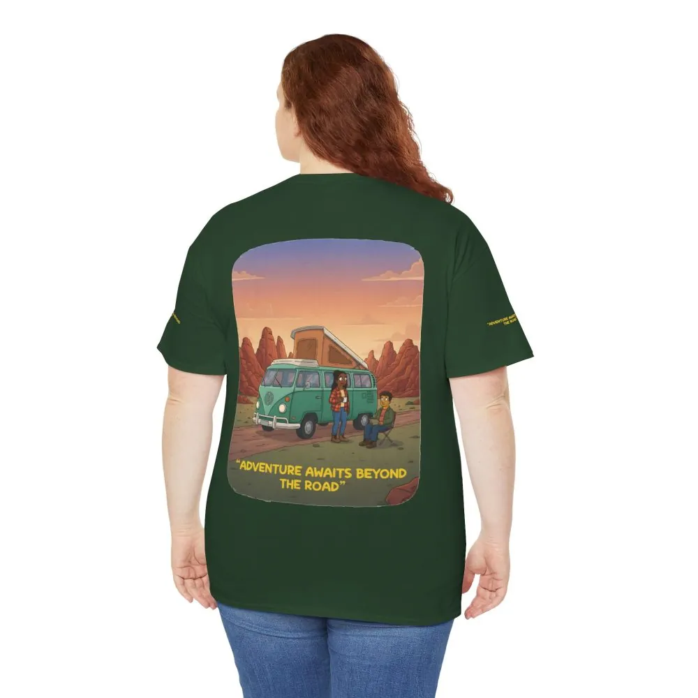 Unisex Heavy Cotton Tee — "Adventure Awaits Beyond The Road" Design Sitcom-Line