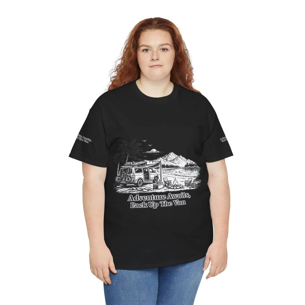 Unisex Heavy Cotton Tee — "Adventure Awaits,Pack Up The Van" Design Minimal-Line