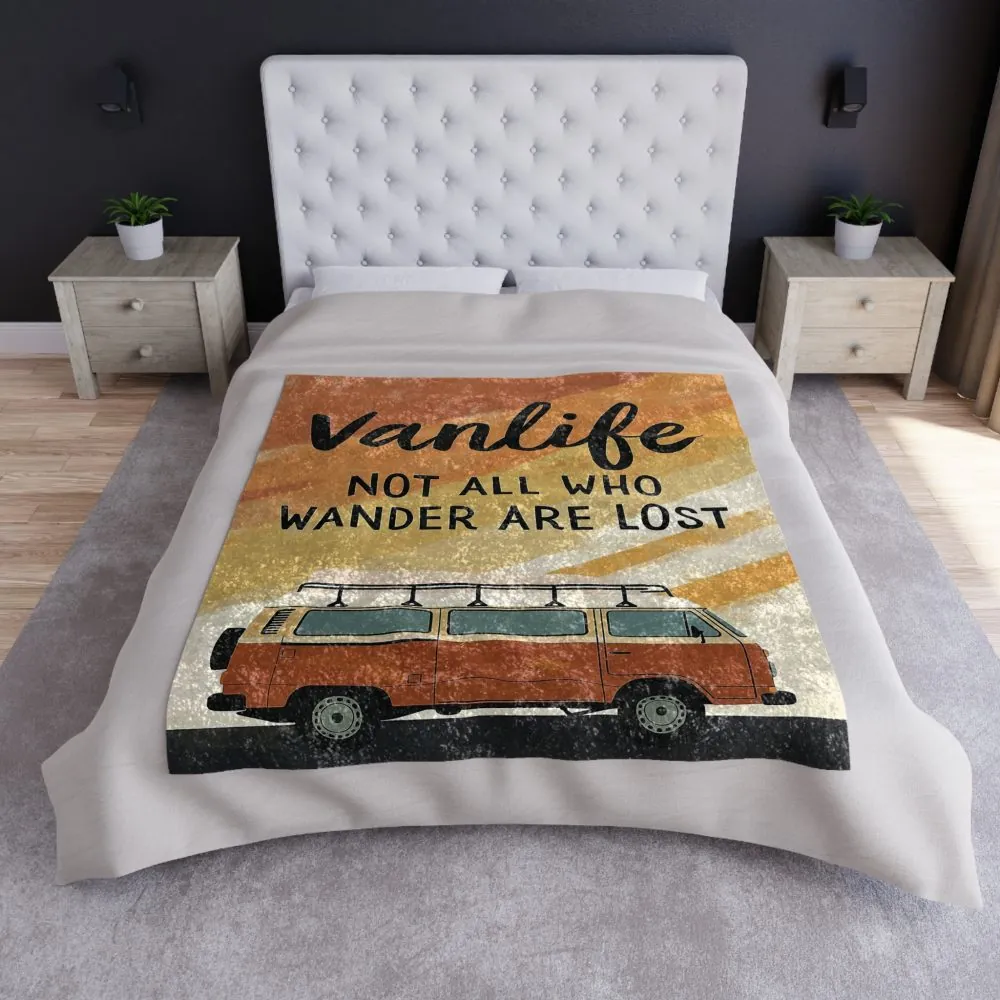 Crushed Velvet Blanket – “Not All Who Wander Are Lost” Cozy Retro Camper Throw