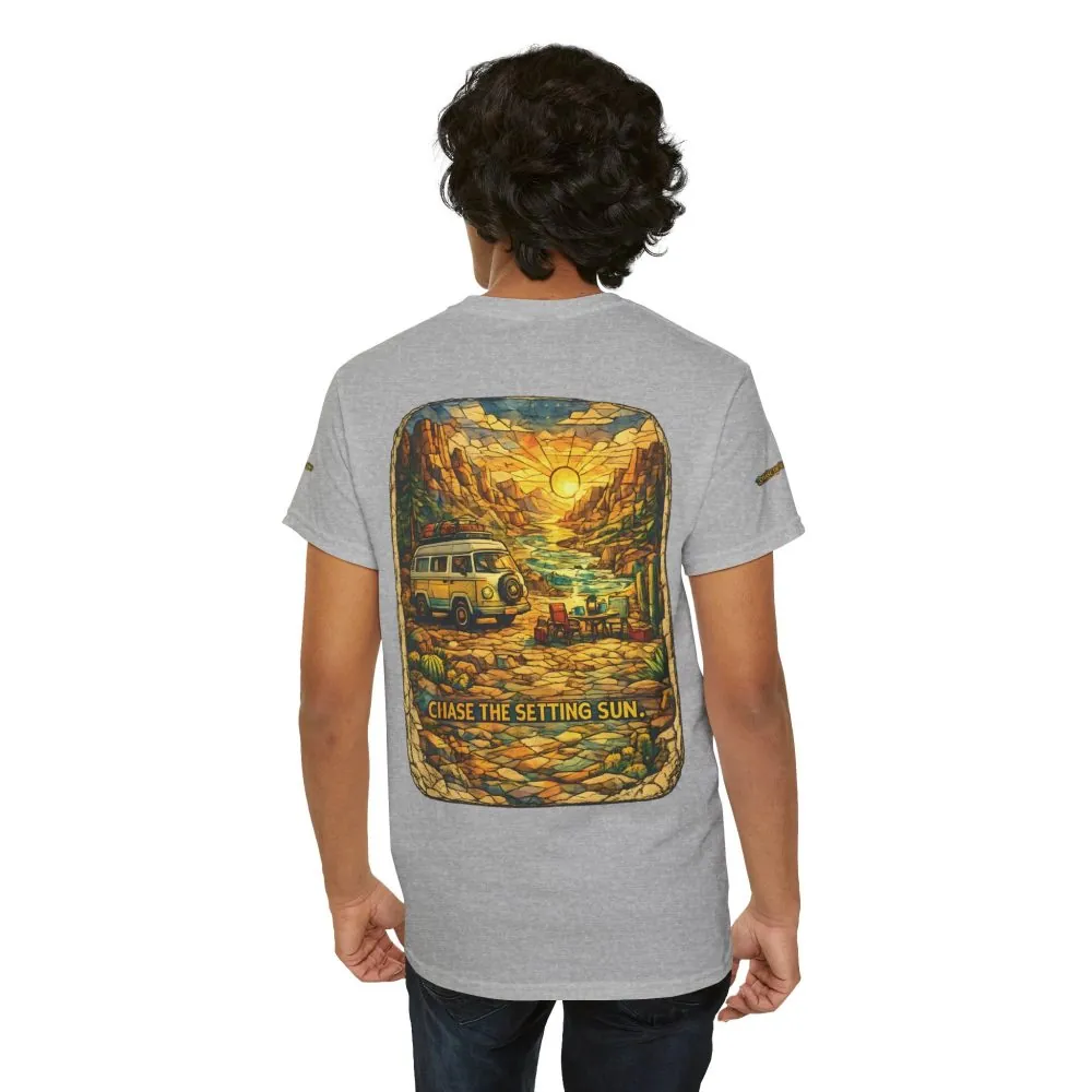 Unisex Heavy Cotton Tee — "Chase The Settings Sun" Design Cubic-Line