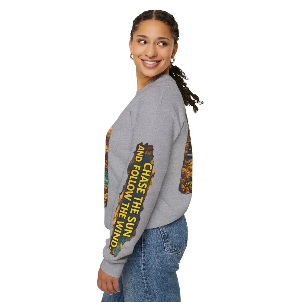 Unisex Heavy Blend™ Crewneck Sweatshirt — "Chase The Sun And Follow The Wind" Design Cubic-Line